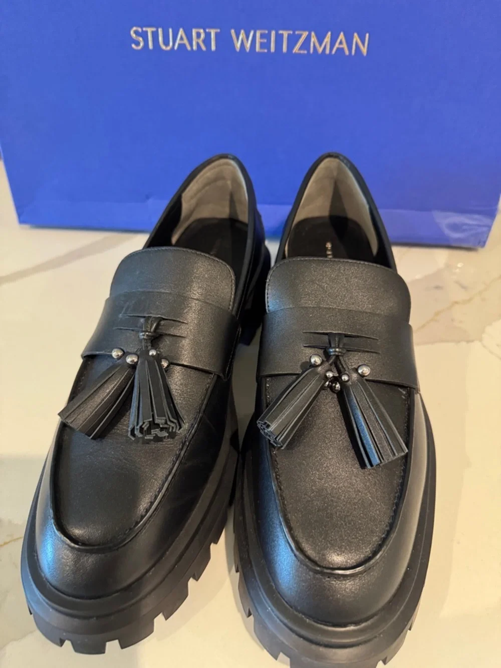 Stuart Weitzman Black Leather Tassel Penny Loafers 10